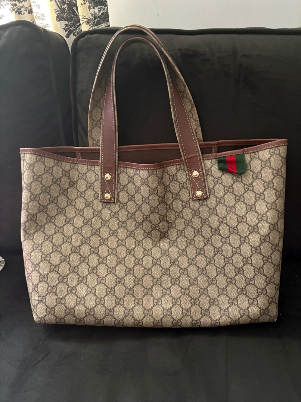 Gucci Beige Brown GG Canvas Tote with Brown Leather Handles.